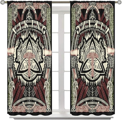 Viking Curtains Nordic Mythology Rune Weapon Antique Viking Pirate Crow Art Pattern Printed Curtains Bedroom Living Room Decoration Blackout Curtains W84 * L84 Inch