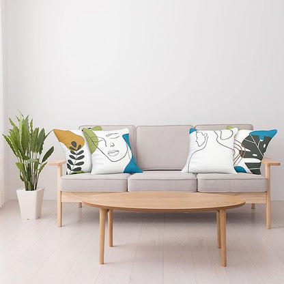 Ambesonne Minimal Throw Pillow Cushion Case Pack of 4, Modern Line Art Woman Portrait with Contemporary Leafy Geometric Details, Modern Accent Double-Sided Digital Printing, 24", Blue Green Marigold