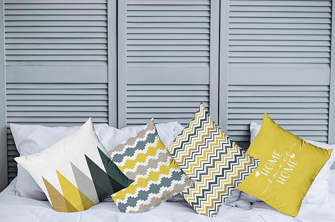 Ambesonne Modern Throw Pillow Cushion Case Pack of 4, Geometric Style Pattern of Triangles Zigzags Love Home Phrase Print, Modern Accent Double-Sided Digital Printing, 18", Yellow Slate Blue and Tan