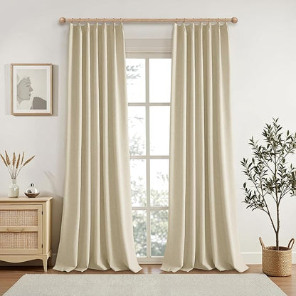 Pinch Pleated Linen Blackout Curtains 108 Inches Long 2 PCs, Pinch Pleat Linen Curtains for Living room with Hooks, Extra Long Thermal Insulated Window Panels for Villa, Natural Beige,42W x 108L