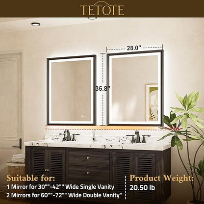 TETOTE Gold LED Bathroom Mirror with Lights 28x36 Frontlit & Backlit Vanity Framed Mirror Baroque Anti Fog Stepless Dimmable White/Warm/Natural,CRI90+,Waterproof,Wall Mounted(Horizontal/Vertical)