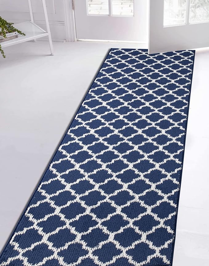 Custom Size Cut to Length Moroccan Trellis Design Runner Rug Mat For Wide Long Hallways with Non-Slip Rubber Backing, Better Traction for Pets, Prevent Slippage, Trellis Navy Blue, 31 inch X 6 feet