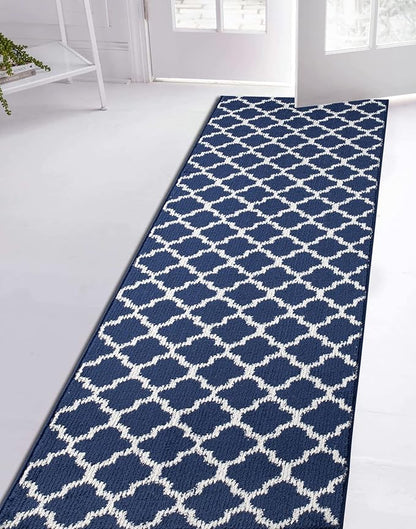Custom Size Cut to Length Moroccan Trellis Design Runner Rug Mat For Wide Long Hallways with Non-Slip Rubber Backing, Better Traction for Pets, Prevent Slippage, Trellis Navy Blue, 31 inch X 19 feet