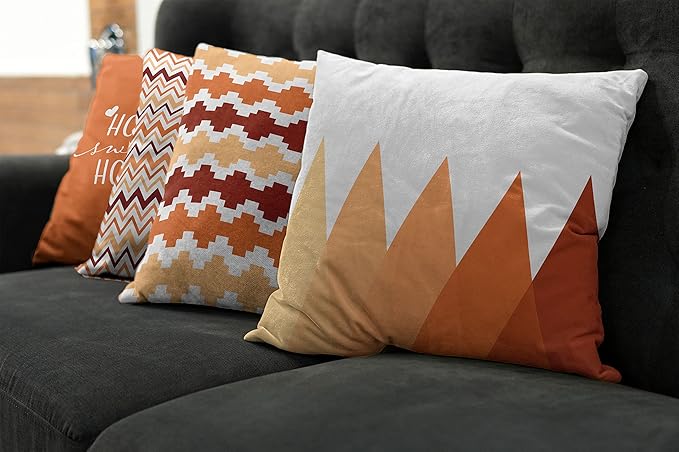 Ambesonne Modern Throw Pillow Cushion Case Pack of 4, Geometric Style Pattern of Triangles Zigzags Love Home Phrase Print, Modern Accent Double-Sided Digital Printing, 16", Burnt Orange and Burgundy