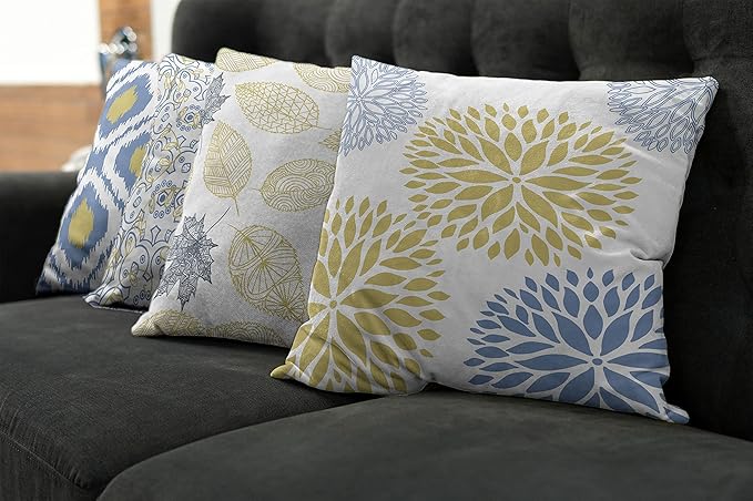 Ambesonne Vintage Throw Pillow Cushion Case Pack of 4, Double-Sided Bohemian Leaves Dahlia Pattern Geometric Art Curlicue, Motif for Modern Home Accent Digital Printing, 20", Mustard Dark Ceil Blue