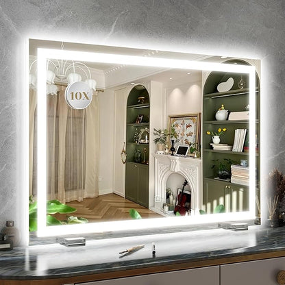 32x 22 Inch Large Lighted Vanity Mirror with Dimmable 3 Modes, LED Makeup Mirror for Bathroom ＆ Dressing Room, Tabletop or Wall-Mounted, White