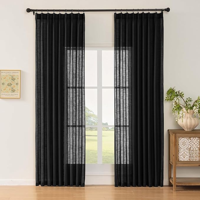 Black Linen Sheer Pinch Pleated Sliding Door Curtains, 2x50 Inches Width, Neutral Light Filtering Drapes 102 Inches Long, Textured Modern Farmhouse Floor to Ceiling Window Curtain Panels