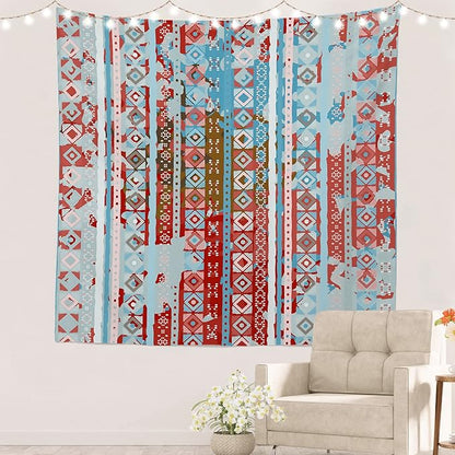 Batmerry Blue Grey Boho Garbage Tapestry, Red Wall Art Hanging Decoration Polyester Fiber White Ruffled Around for Dorm Room Bedroom Living Room, 59.1x59.1 inches