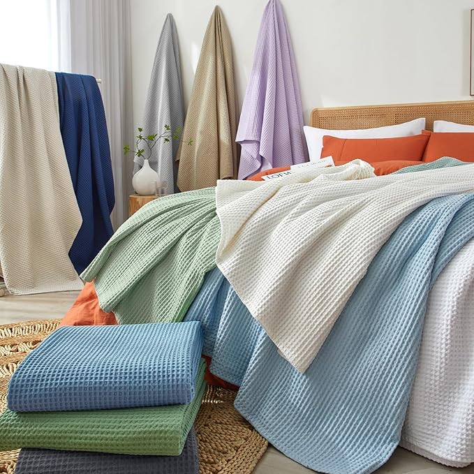 PHF Pre-Washed Cotton Waffle Weave Family Blanket,Oversized King Size 120"x 120"-Snag Proof Lightweight Breathable, 10'x 10' Huge Extra Large Big-Elegant Aesthetic Home Decoration Gift-White