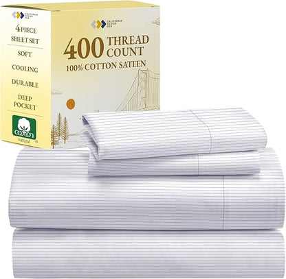 California Design Den Full Size Bed Sheets Set - 400 Thread Count Sateen, Natural 100% Cotton Sheets Full Size, Deep Pocket Cooling and Durable Bedding Set - Pinstriped