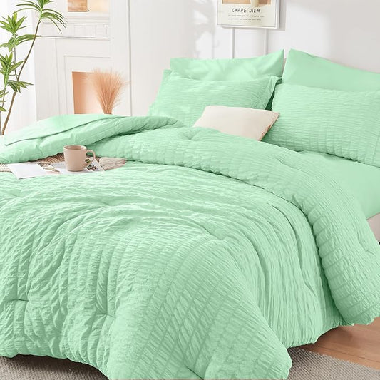 HYMOKEGE Mint Green California King Comforter Set Seersucker 7 Pieces, All Season Luxury Bed in a Bag for Bedroom, Bedding Set with Comforter, Sheets, Pillowcases & Shams