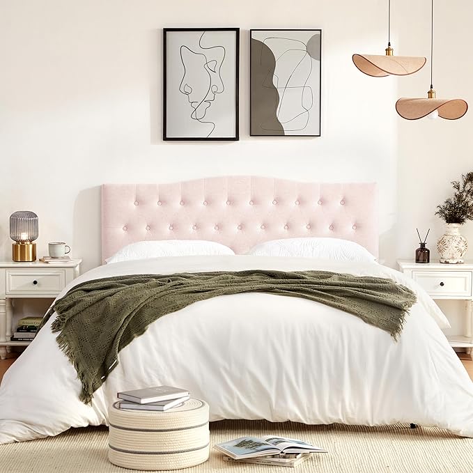 Tufted Upholstered Headboard Full Size, Sturdy and Durable Solid Wood Bed headboard, Fabric Headboard Adjustable Height from 37” to 51”, Modern Button Diamond Design Head Board, Pink