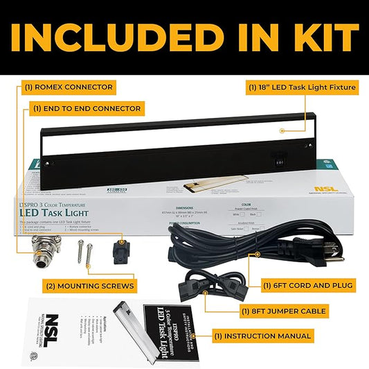 LED Under Cabinet Lighting Hardwired - 3CCT 18 Inch Black Finish - Undercabinet Lights for Kitchen - Linkable Undercounter Dimmable Plug in Light or Hard Wired - Under Counter Fixture Direct Wire