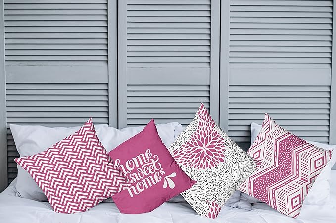 Ambesonne Geometric Throw Pillow Cushion Case Pack of 4, Home Phrase Minimal Zigzag Squama Dahlia Flowers Chevron Tribal, Modern Accent Double-Sided Digital Printing, 20", Pink White and Charcoal Grey