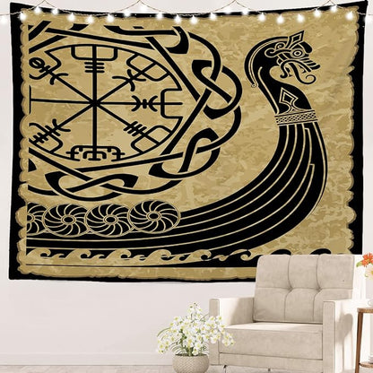 Batmerry Vikings Ancient Scandinavian Tapestry,Warship Boat Old Ancient Sea Wall Art Hanging Decoration Polyester Fiber White Ruffled Around for Dorm Room Bedroom Living Room, 51.2x59.1 inches