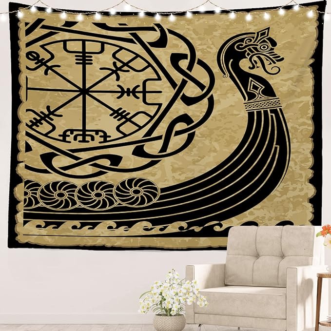 Batmerry Vikings Ancient Scandinavian Tapestry, Warship Boat Old Ancient Sea Wall Art Hanging Decoration Polyester Fiber White Ruffled Around for Dorm Room Bedroom Living Room, 59.1x82.7 inches
