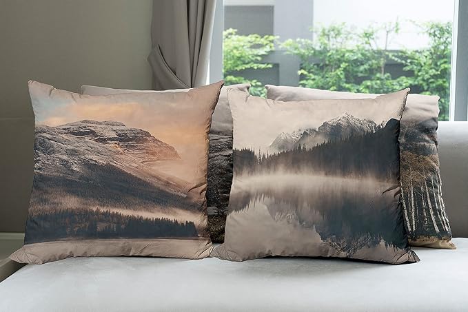 Ambesonne Landscape Throw Pillow Cushion Case Pack of 4, Snowy Mountains Woods Early Morning Sunrise Nature Outdoors Scenery Photo, Modern Accent Double-Sided Digital Printing, 20", Brown White