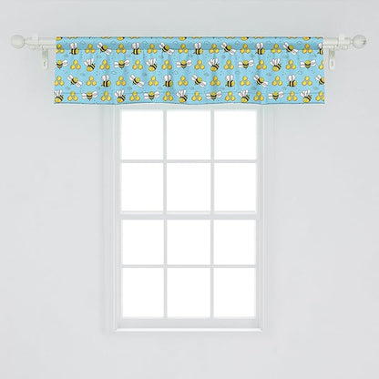 Ambesonne Cartoon Window Valance, Summer Style Funny Demonstration of Happy Flying Characters and Hexagon Comb, Curtain Valance for Kitchen Bedroom Decor with Rod Pocket, 54" X 12", Sky Blue Mustard