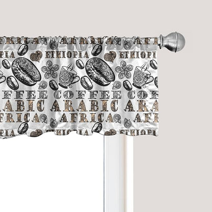 Ambesonne Modern Window Valance, Coffee Beans with Ornamental Words Ethiopians Pattern, Curtain Valance for Kitchen Bedroom Decor with Rod Pocket, 42" x 12", Sand Brown Black