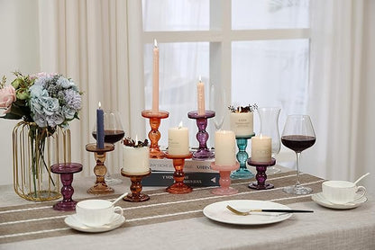 GMWD 3 Pcs Glass Candle Holder Set Clear, Purple Candlesticks Holders Pillar Taper Candles Tealight Stand for Wedding Centerpieces Home Decorations Dining Table