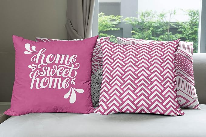 Ambesonne Geometric Throw Pillow Cushion Case Pack of 4, Home Phrase Minimal Zigzag Squama Dahlia Flowers Chevron Tribal, Modern Accent Double-Sided Digital Printing, 20", Pink White and Charcoal Grey
