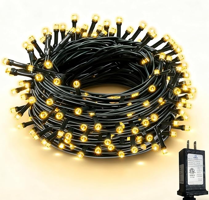RPGT Christmas Light 1000 LEDs 336ft Green Cable Wire Fairy String Tree Twinkle Lights Plug in 12 Modes for, Outdoor, Garden, Wedding, Christmas Party, Home Decoration (Warm White)