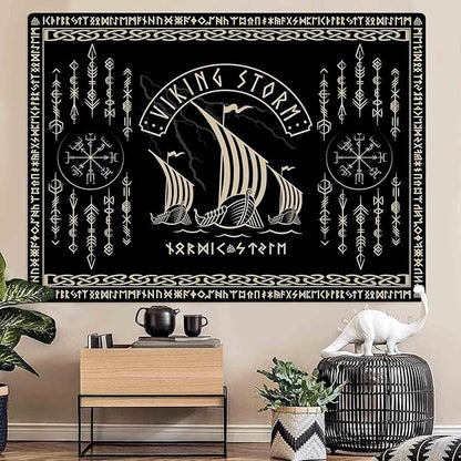 OSUNBD Viking Warship Tapestry Wall Hanging - Small 40x30inches Storm & Celtic Runes on Soft Flannel Aesthetic Mythology Tapestries Norse Mythology Art for Bedroom, Living Room Decor