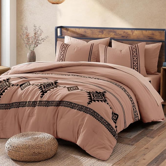MaiRêve Embroidery Queen Size Comforter Set Dusty Pink, Boho Farmhouse Western Bedding Set 7 Pieces, All Season Bed in A Bag Comforter Set with Sheets, Pillowcases & Shams