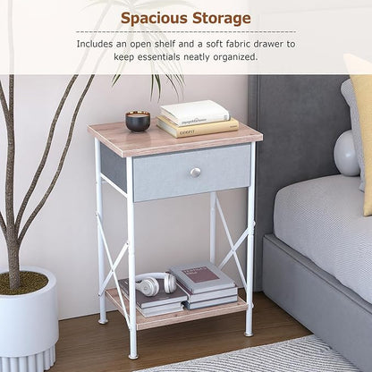 VECELO Nightstand with Drawer, Set of 2, Small Bedside Table with Storage and Adjustable Metal Legs, Wood End Table for Bedroom or Living Room, Perfect for Small Spaces and Modern Décor, Light Brown