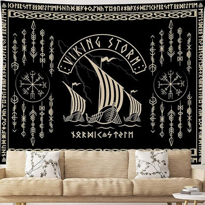 OSUNBD Nordic Vikings Tapestry Vikings Boat Hanging Home Decor Vegvisir Runes Artwork Pagan Tapestry Art Hanging Decor Large Size 78.7”x59.1” for Bedroom Living Room Dorm