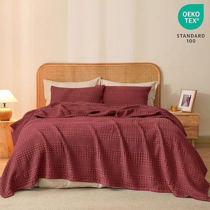 PHF 100% Cotton Waffle Weave Blanket Queen Size for Bed, Soft Lightweight & Breathable, All-Season Comfort, Luxury Aesthetic Woven Bedding for Home Decor, 90"x90", Wine Red
