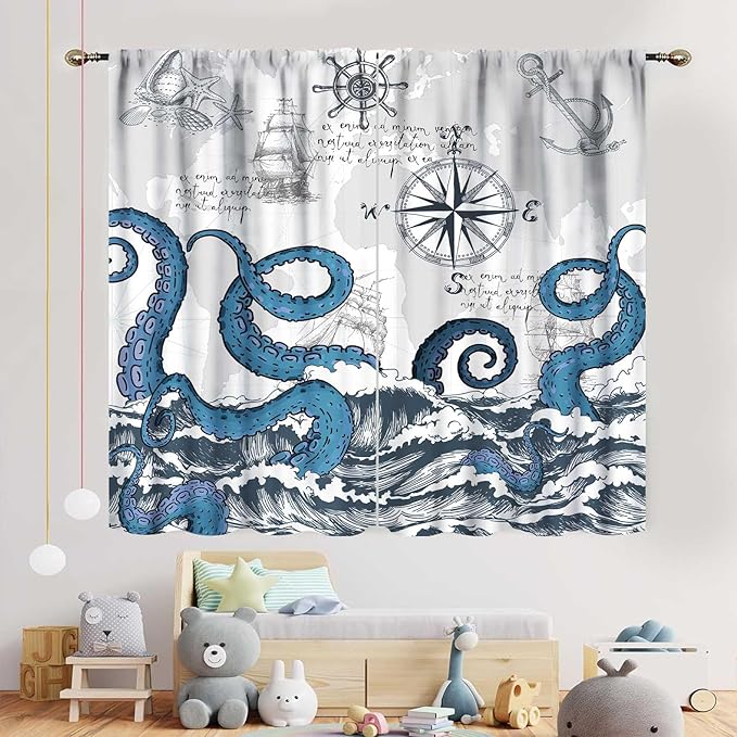 Nautical Curtains, Coastal Old Pirate Map Sailboat Compass Anchor Vintage Ocean Kraken Octopus Tentacles Blue Marine Window Drapery Treatment for Bedroom Living Room Kitchen Bathroom, 63"x63" Inch
