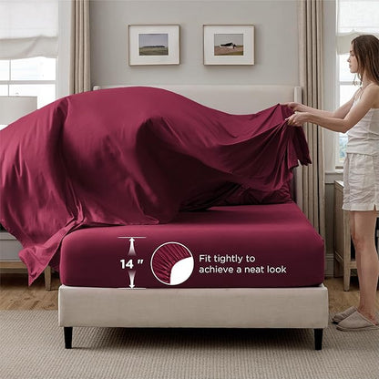 Bedsure Queen Comforter Set Dark Red - Bed in a Bag Queen Size Bedding 7 Pieces, GentleSoft™ Pintuck Bed Set Gift for Family, Pinch Pleat All Season Comforter with Sheets, Pillowcases & Shams