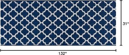 Custom Size Cut to Length Moroccan Trellis Design Runner Rug Mat For Wide Long Hallways with Non-Slip Rubber Backing, Better Traction for Pets, Prevent Slippage, Trellis Navy Blue, 31 inch X 11 feet