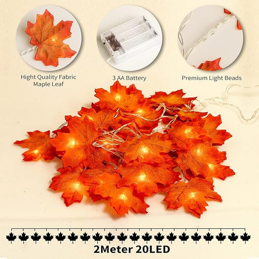 JamBer Fall Maple Leaf Garland 20 LED Maple Leaves Fairy Lights 7.4 Feet Fall Garland Lights Waterproof Maple Leaf String Lights 3AA Battery Powered Lighted Garland for Thanksgiving Halloween Decor