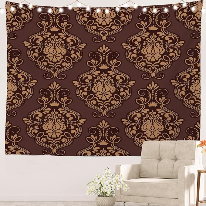 Batmerry Brown Damask Floral Tapestry, Vintage Golden Brown Damask Pattern Wall Art Hanging Decoration Polyester Fiber White Ruffled Around For Dorm Room Bedroom Living Room, 30 X 40 Inches