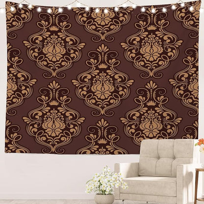 Batmerry Brown Damask Floral Tapestry, Vintage Golden Brown Damask Pattern Wall Art Hanging Decoration Polyester Fiber White Ruffled Around For Dorm Room Bedroom Living Room, 30 X 40 Inches