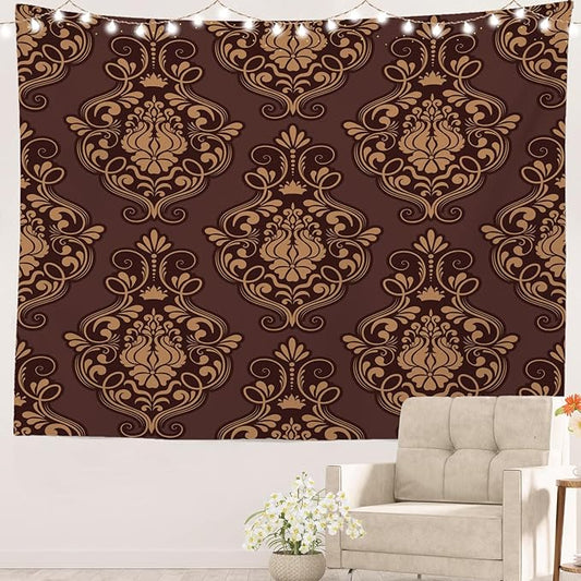 Batmerry Brown Damask Floral Tapestry, Vintage Golden Brown Damask Pattern Wall Art Hanging Decoration Polyester Fiber White Ruffled Around For Dorm Room Bedroom Living Room, 35 X 47 Inches