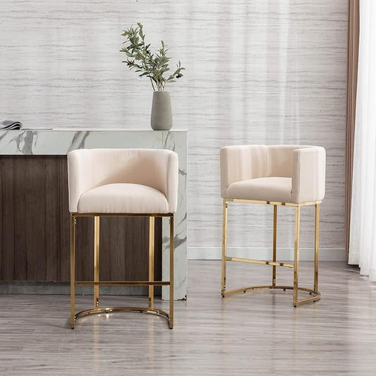 Modern Counter Height Linen Upholstered Bar Stools Set of 2, 29" Kitchen Counter Island Stools Bar Chairs with Gold Metal Frame for Kitchen Island, Cream