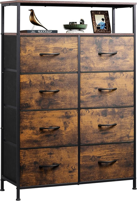 WLIVE Fabric Dresser for Bedroom with Open Shelves, Tall Dresser with 8 Drawers, Storage Tower with Fabric Bins, Chest of Drawers for Closet, Hallway, Rustic Brown Wood Grain Print