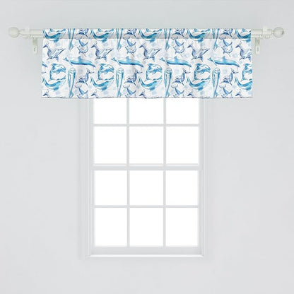 Ambesonne Sea Animals Window Valance, Sketch of Bottlenose Dolphins Playing Laughing in The Ocean Sea Life Print, Curtain Valance for Kitchen Bedroom Decor with Rod Pocket, 42" x 18", Turquoise White