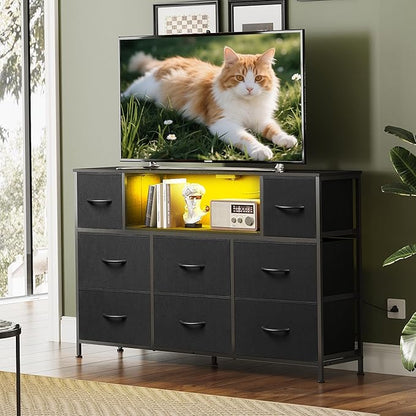 WLIVE Black TV Stand for 45, 50, 55 inch TV, Entertainment Center with LED Lights & Charging Station, TV Media Console Table with 8 Fabric Drawers and Open Shelves for Living Room, Hallway, Wood Top