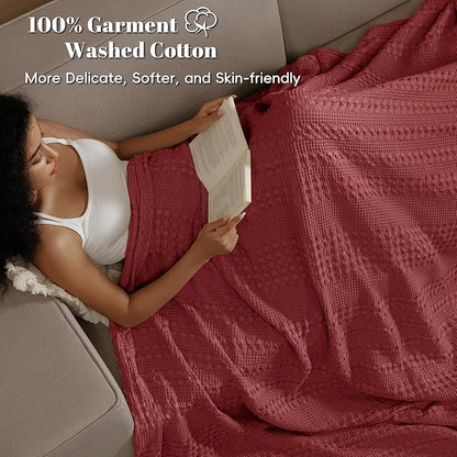 PHF 100% Cotton Waffle Weave Blanket King Size for Bed, Soft Lightweight & Breathable, All-Season Comfort, Luxury Aesthetic Woven Bedding for Home Decor, 108"x90", Wine Red