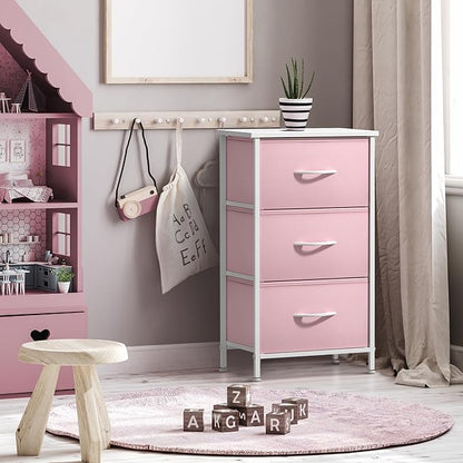 Sorbus Nightstand with 3 Drawers - Bedside Furniture & Accent End Table Chest for Home, Bedroom Accessories, Office, College Dorm, Steel Frame, Wood Top, Pastel Fabric Bins (Pink)