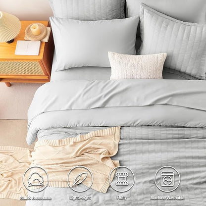 CozyLux King Size Comforter Set Light Grey Seersucker 7 Pieces Bed in a Bag King Comforter Set with Sheets, Luxury Bedding Set with Down Alternative Comforter, Sheets, Pillowcases & Shams All Seasons