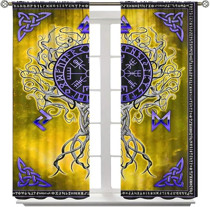 Viking Blackout Curtains Scandinavian Pirate Totem Mythology Golden Tree of Life Printed Curtain Bedroom and Living Room Decoration Blackout Curtains W42 * L63 Inch