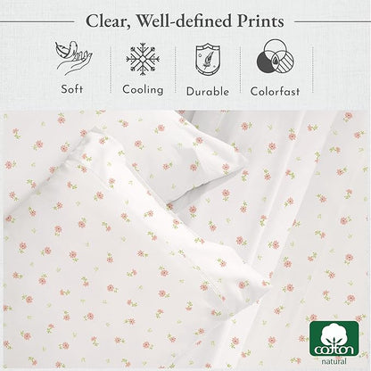 California Design Den Queen Sheet Set - 400 Thread Count Sateen, Natural 100% Cotton Sheets, Deep Pocket Cooling and Durable Bedding - Soft Floral