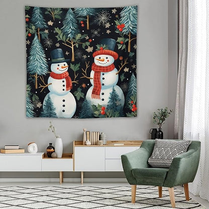 Snowman Couple Tapastry's Wall Hanging Christmas Winter Snowman Wall Hanging Wall Tapestry Aesthetic Landscape Tapestry Wall Hanging for Living Room Dorm 60"x60" Christmas Family Party