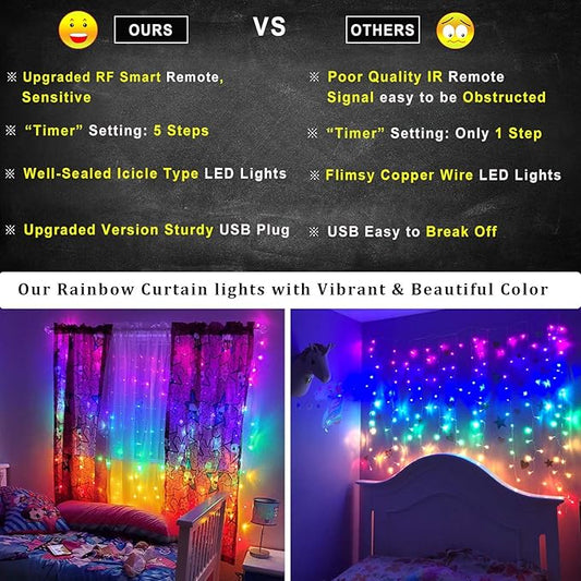 Rainbow Fairy String Curtain Lights with Remote, Twinkle LED Ombre Light Curtain for Girls Room, Bedroom, Teen Room, Kid's Room, Unicorn Theme, Party, Christmas Décor Gift (Rainbow)