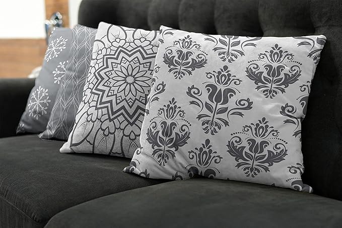 Ambesonne Retro Throw Pillow Cushion Case Pack of 4, Trellis Grid Medieval Floral Damask Mandala Flower Ornament in Modern Grayscale, Modern Accent Double-Sided Digital Printing, 20", Grey and White